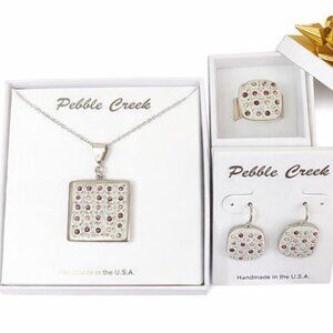 Handcrafted Swarovski Amethyst Crystal & Clay Square Pendant Set